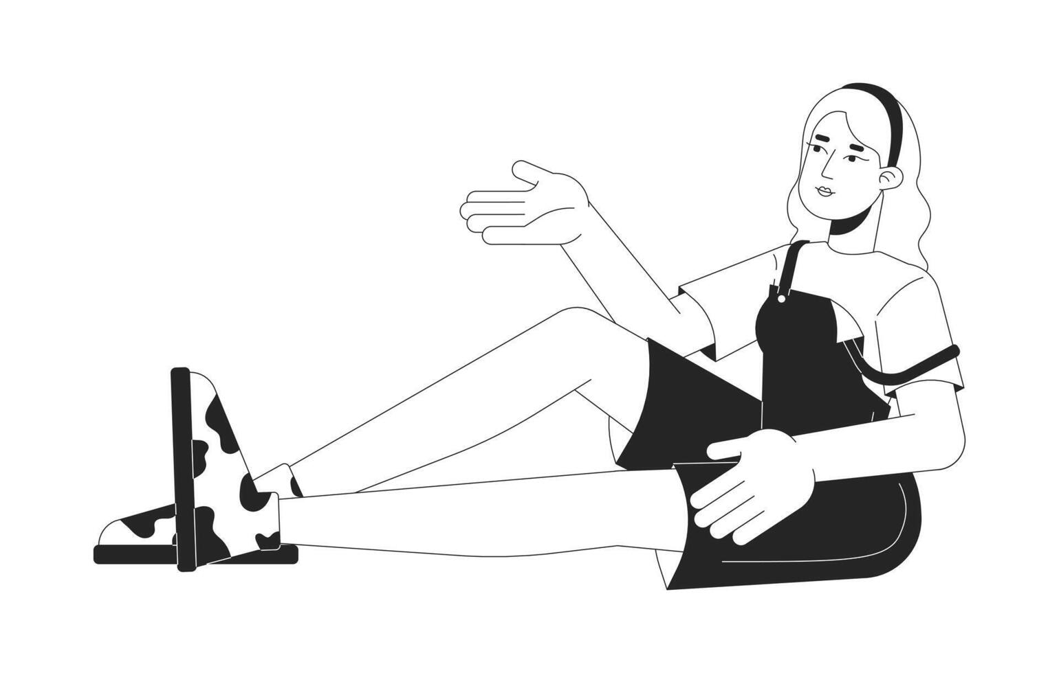 blond vrouw gebaren terwijl zittend zwart en wit 2d lijn tekenfilm karakter. ontspannen vrouw communiceren geïsoleerd schets persoon. chillen uit tijd monochromatisch vlak plek illustratie vector