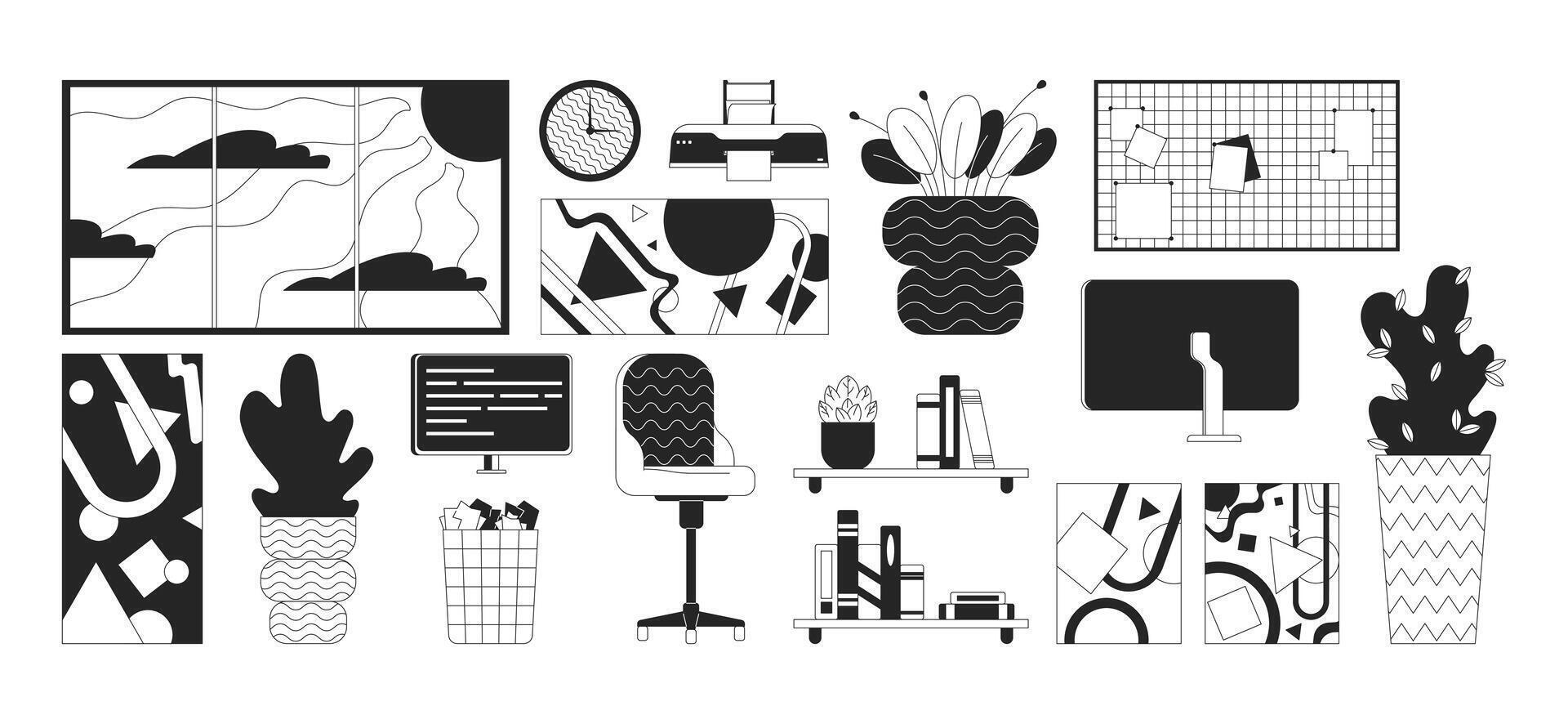 kantoor interieur ontwerp details zwart en wit 2d lijn tekenfilm voorwerp set. werkplaats essentials geïsoleerd schets items verzameling. werkruimte onderhouden monochromatisch vlak plek illustraties vector