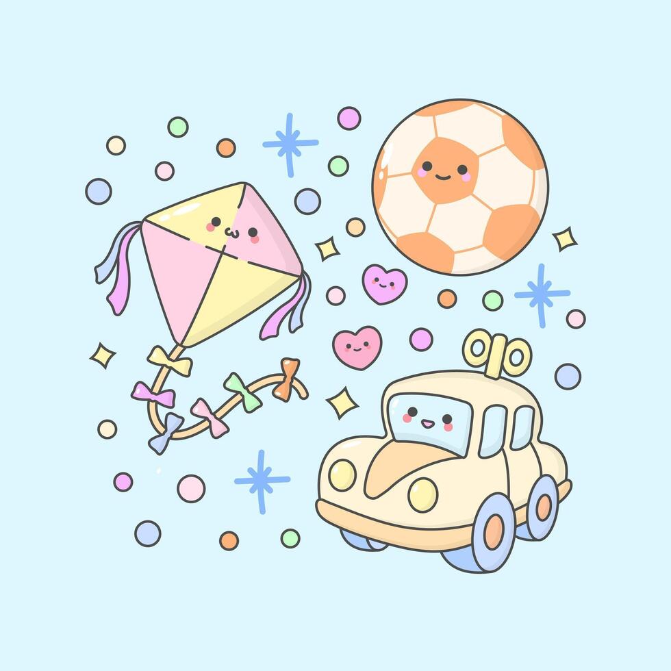 jongens meisjes speelgoed Speel bal auto vlieger met schattig gelaats uitdrukkingen en pastel kleur vector