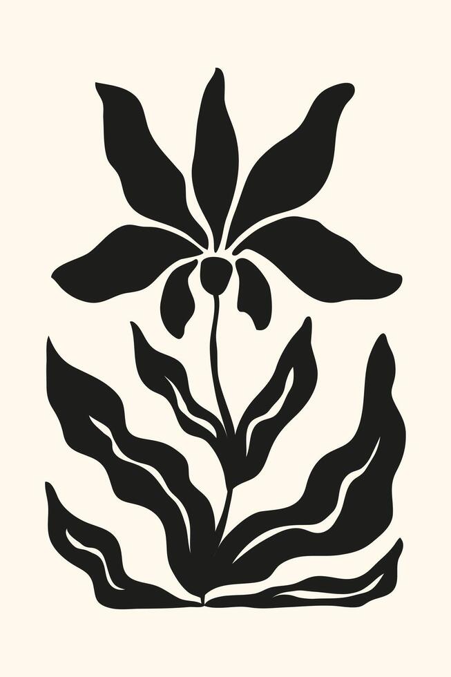 hand- getrokken bloemen abstract minimalistische poster in matisse stijl. zwart golvend bloem Aan wit achtergrond. modieus ontwerp sjabloon voor interieur decor, banier, omslag, afdrukken, ansichtkaart. vector