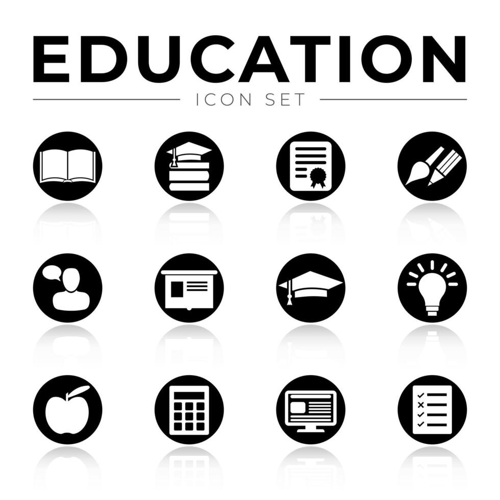 zwart onderwijs school- icoon reeks met reflectie vector
