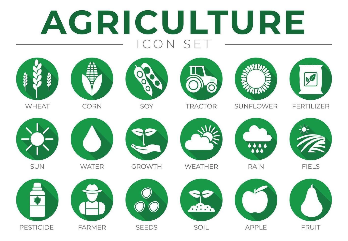 groen landbouw ronde icoon reeks van tarwe, maïs, soja, tractor, zonnebloem, kunstmest, zon, water, groei, het weer, regenen, velden, bestrijdingsmiddel, boer zaden, bodem, appel, fruit pictogrammen. vector