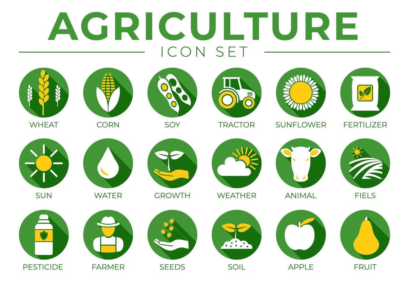 groen en geel landbouw ronde icoon reeks van tarwe, maïs, soja, tractor, zonnebloem, kunstmest, zon, water, groei, het weer, regenen, velden, bestrijdingsmiddel, boer zaden, bodem, appel, fruit pictogrammen. vector