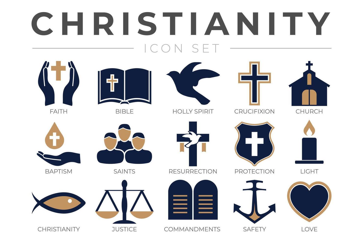 Christendom icoon reeks met vertrouwen, Bijbel, kruisiging , doop, kerk, opstanding, heilig geest, heiligen, geboden, licht, bescherming, gerechtigheid, veiligheid en liefde christen pictogrammen vector