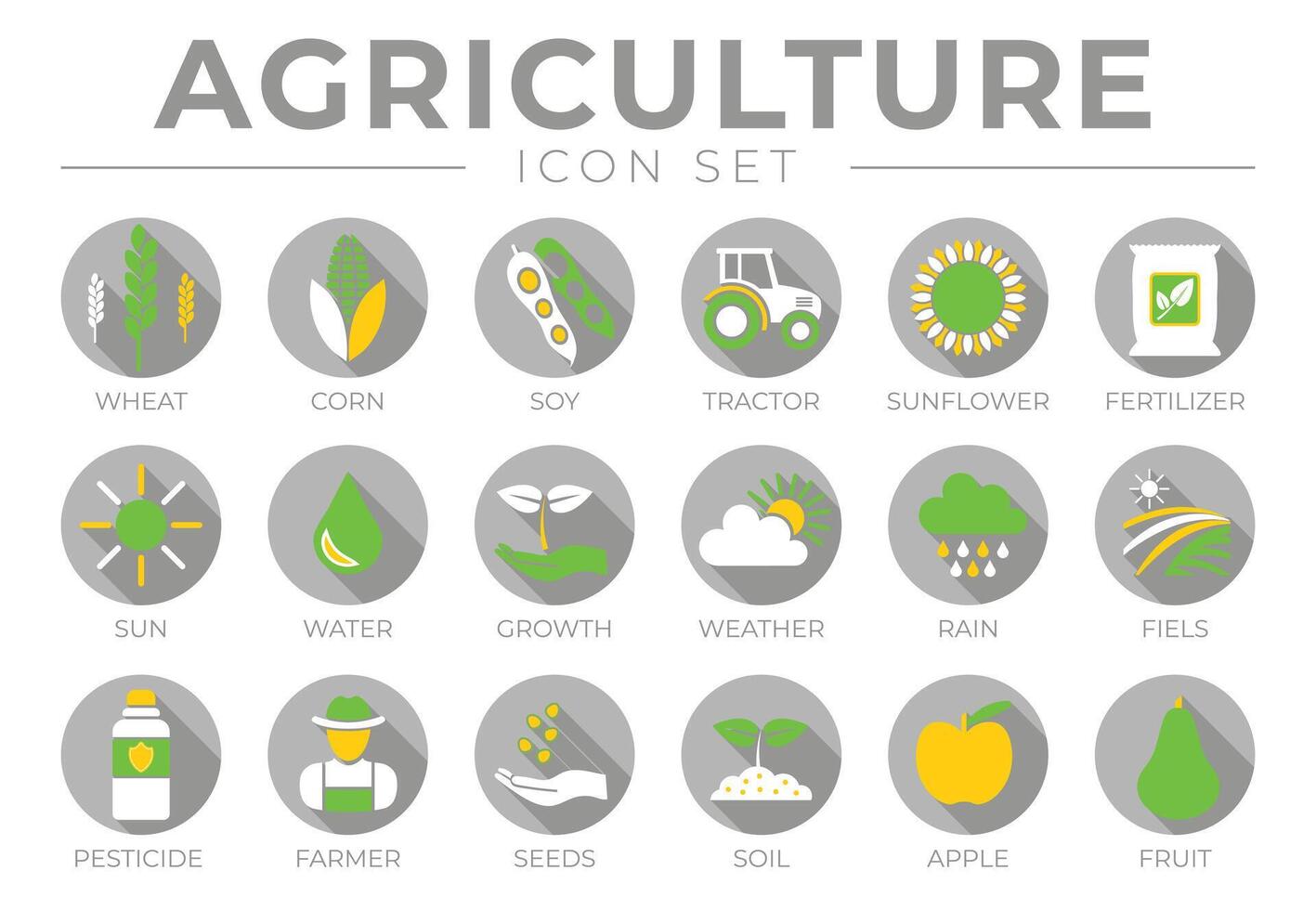 grijs en kleur landbouw ronde icoon reeks van tarwe, maïs, soja, tractor, zonnebloem, kunstmest, zon, water, groei, het weer, regenen, velden, bestrijdingsmiddel, boer zaden, bodem, appel, fruit pictogrammen. vector