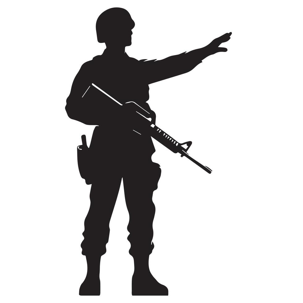 een silhouet van een soldaat geven commando's met een hand- terwijl Holding een illustratie vector
