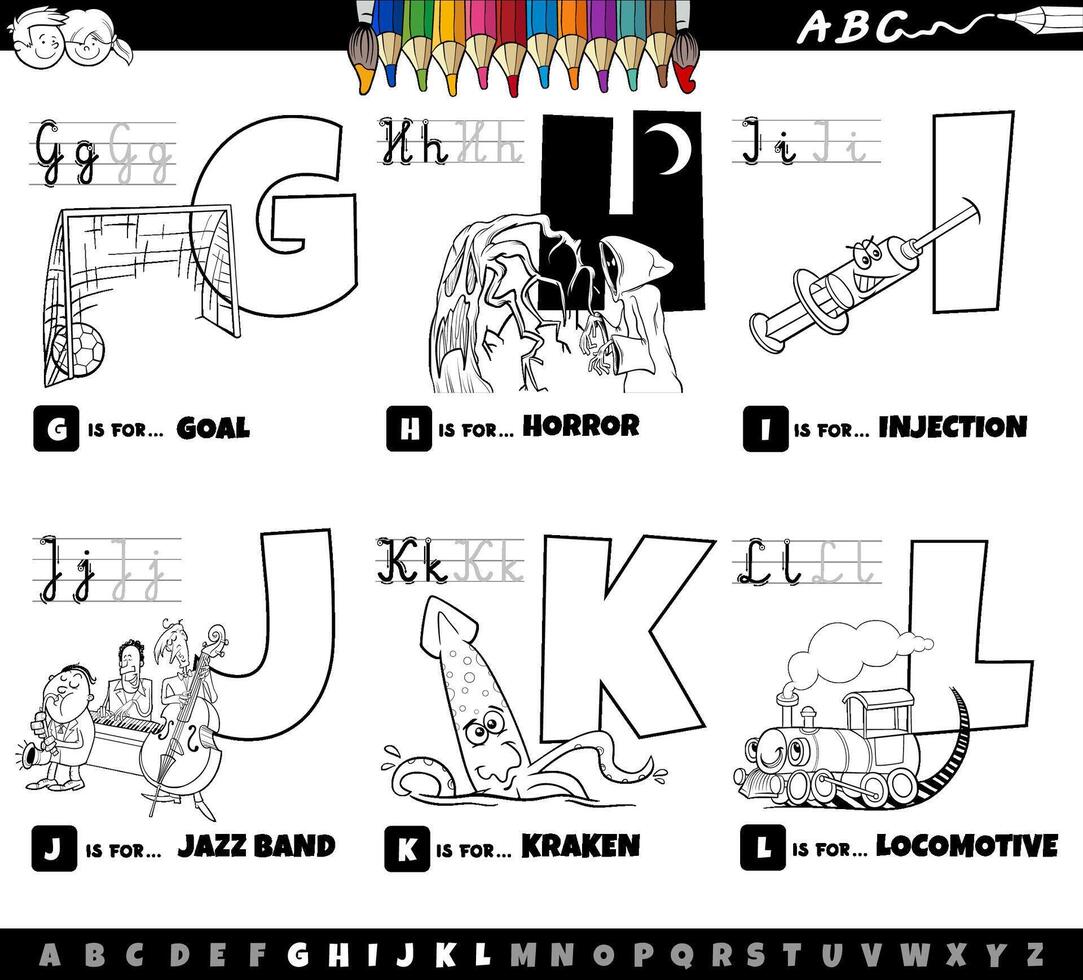 educatieve cartoon Alfabetletters ingesteld van g tot l kleurplaat vector