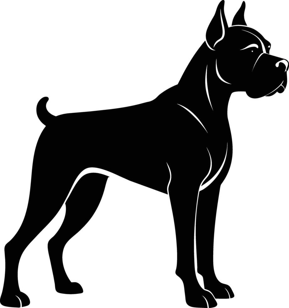 zwart en wit silhouet van een bokser hond staand vector