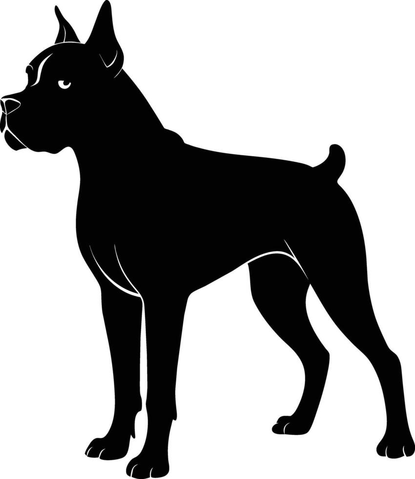 zwart en wit silhouet van een bokser hond staand vector