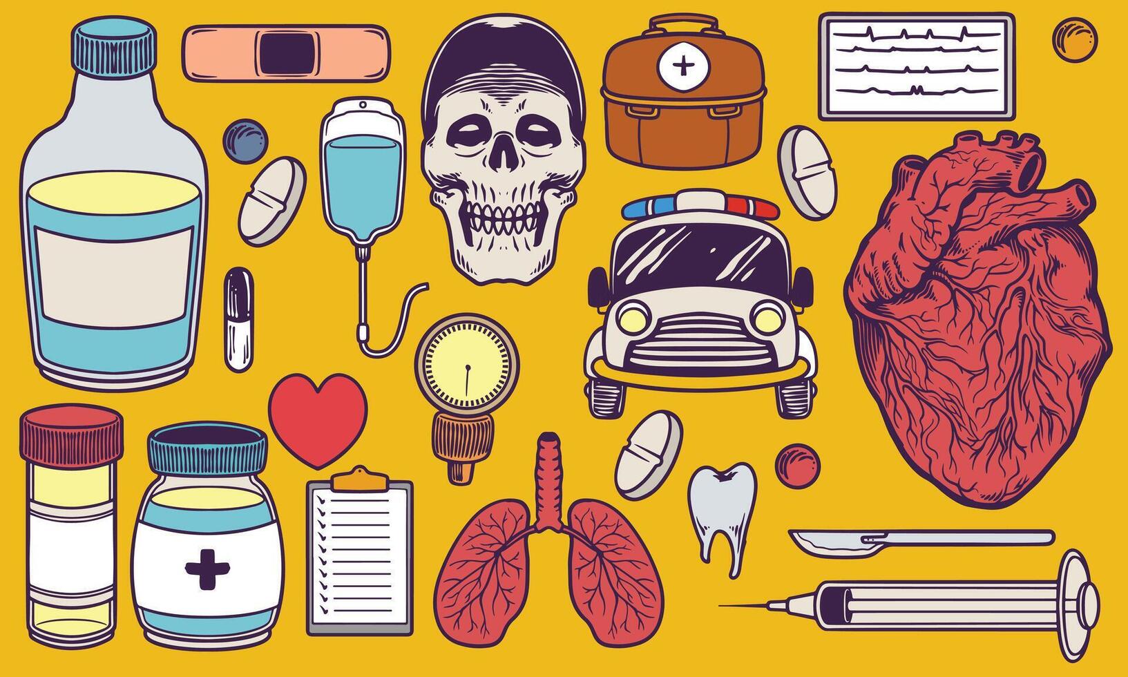 medisch dokter, apotheek, drugs, organen en ziekenhuis gereedschap tandarts tekening reeks . Gezondheid dokter uitrusting illustratie. vector