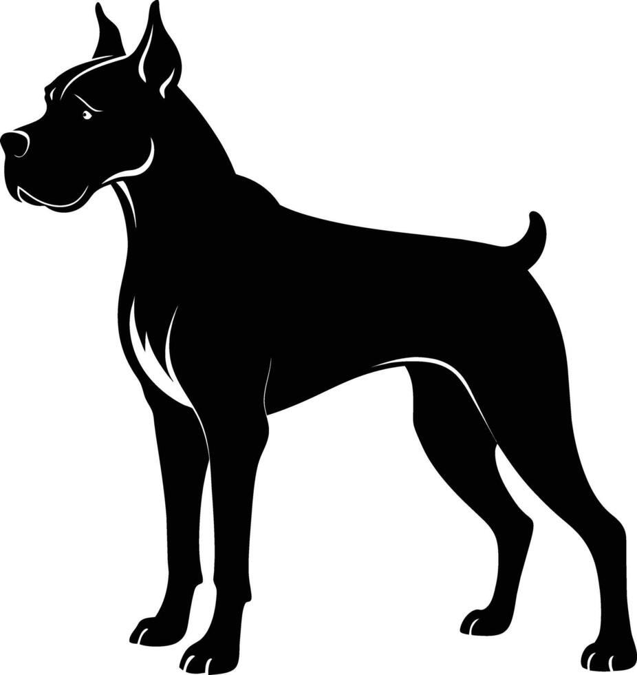 zwart en wit silhouet van een bokser hond staand vector