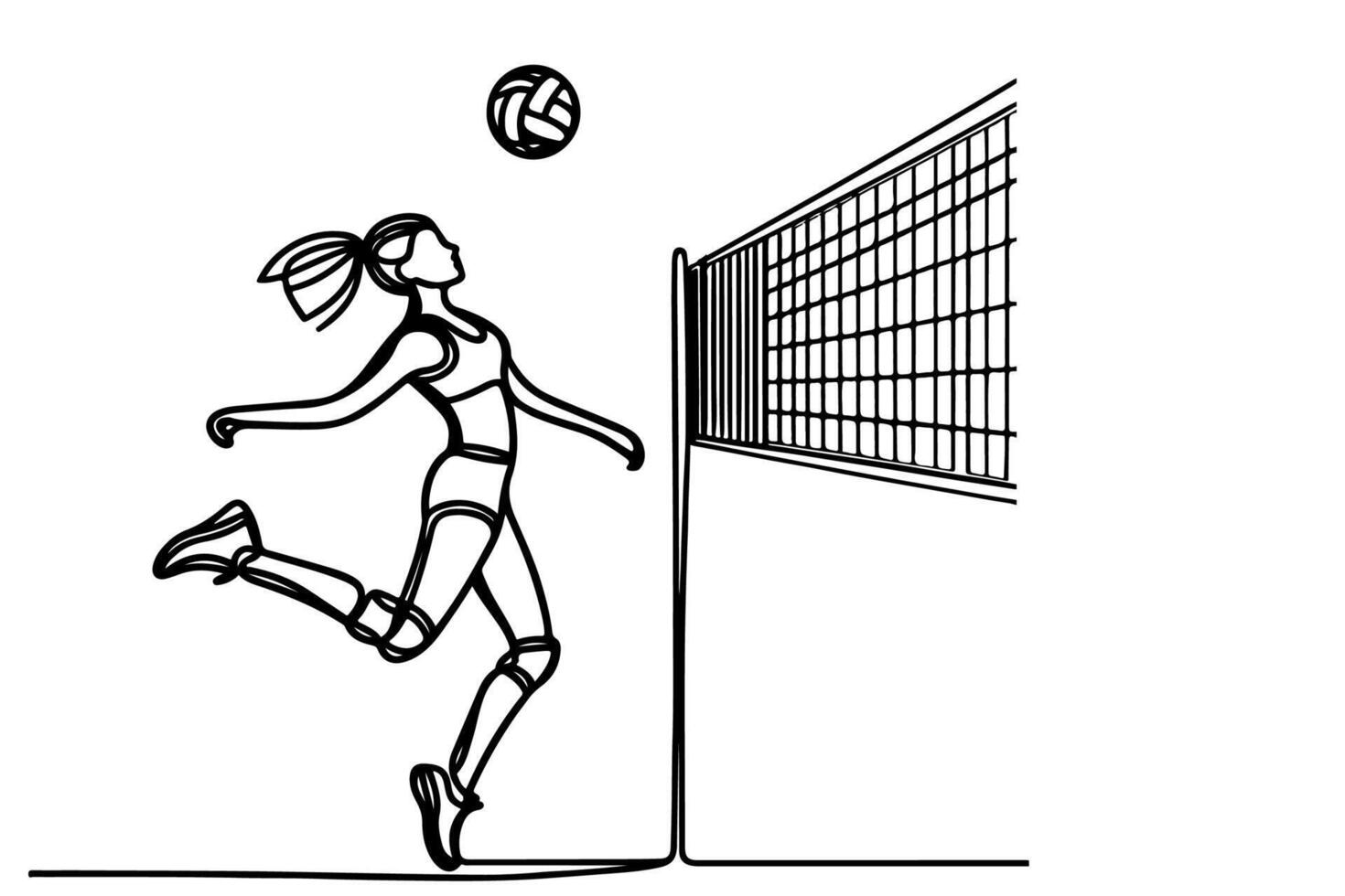 een doorlopend zwart lijn tekening van volleybal vrouw springen en trap bal met volleybal netto tekening lineair tekening tekenfilm Aan wit achtergrond. vector