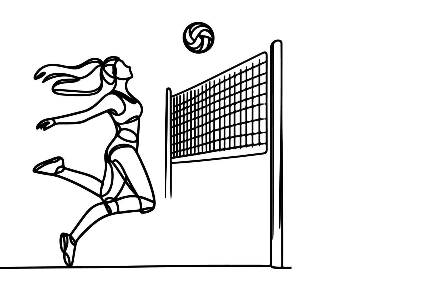 een doorlopend zwart lijn tekening van volleybal vrouw springen en trap bal met volleybal netto tekening lineair tekening tekenfilm Aan wit achtergrond. vector