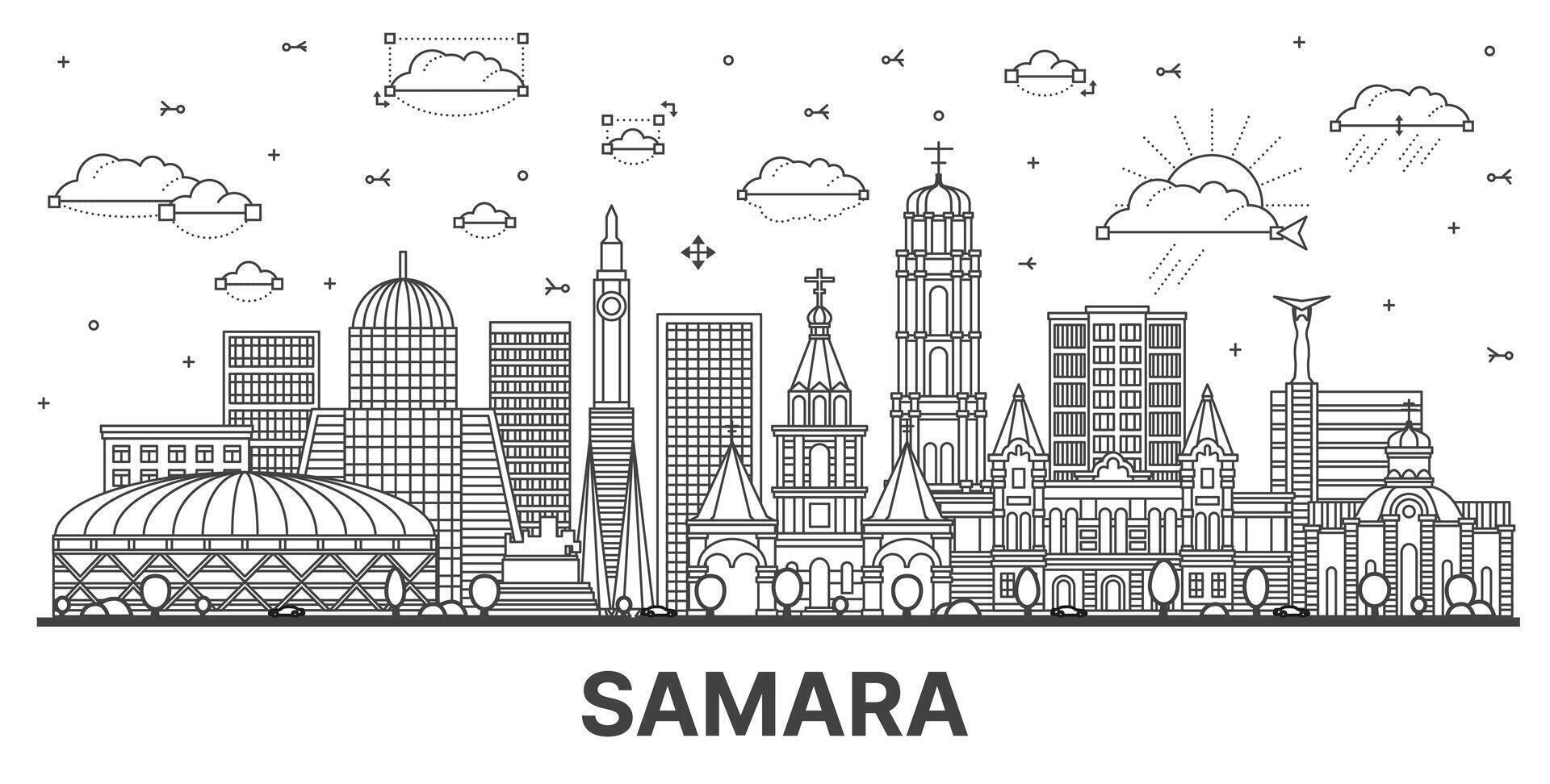 schets samara Rusland stad horizon met modern en historisch gebouwen geïsoleerd Aan wit. samara stadsgezicht met oriëntatiepunten. vector