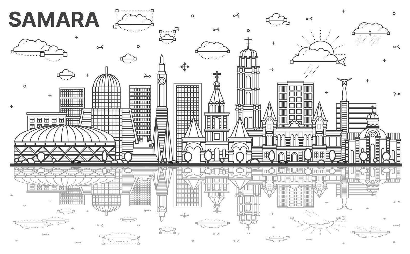 schets samara Rusland stad horizon met modern, historisch gebouwen en reflecties geïsoleerd Aan wit. samara stadsgezicht met oriëntatiepunten. vector