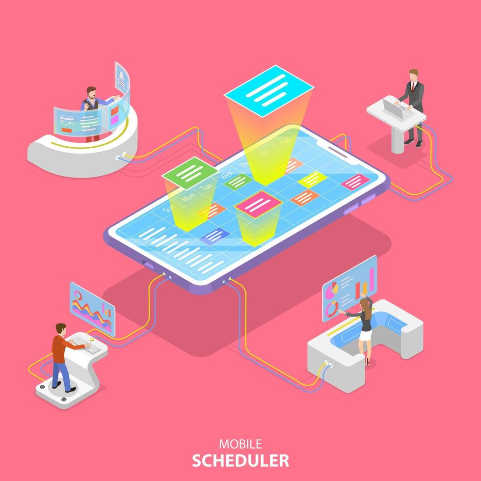 vlak isometrische concept van mobiel planner, bedrijf planning vector