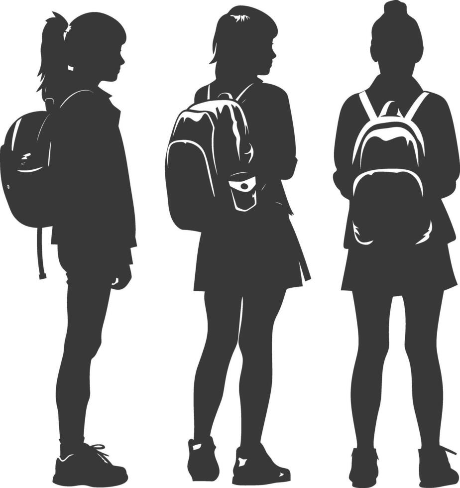 silhouet terug naar school- meisje leerling verzameling reeks zwart kleur enkel en alleen vector