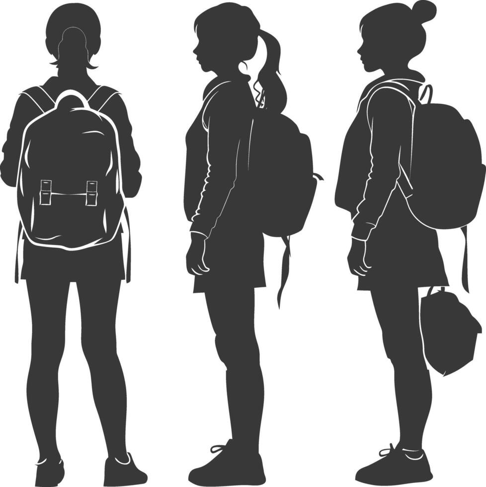 silhouet terug naar school- meisje leerling verzameling reeks zwart kleur enkel en alleen vector