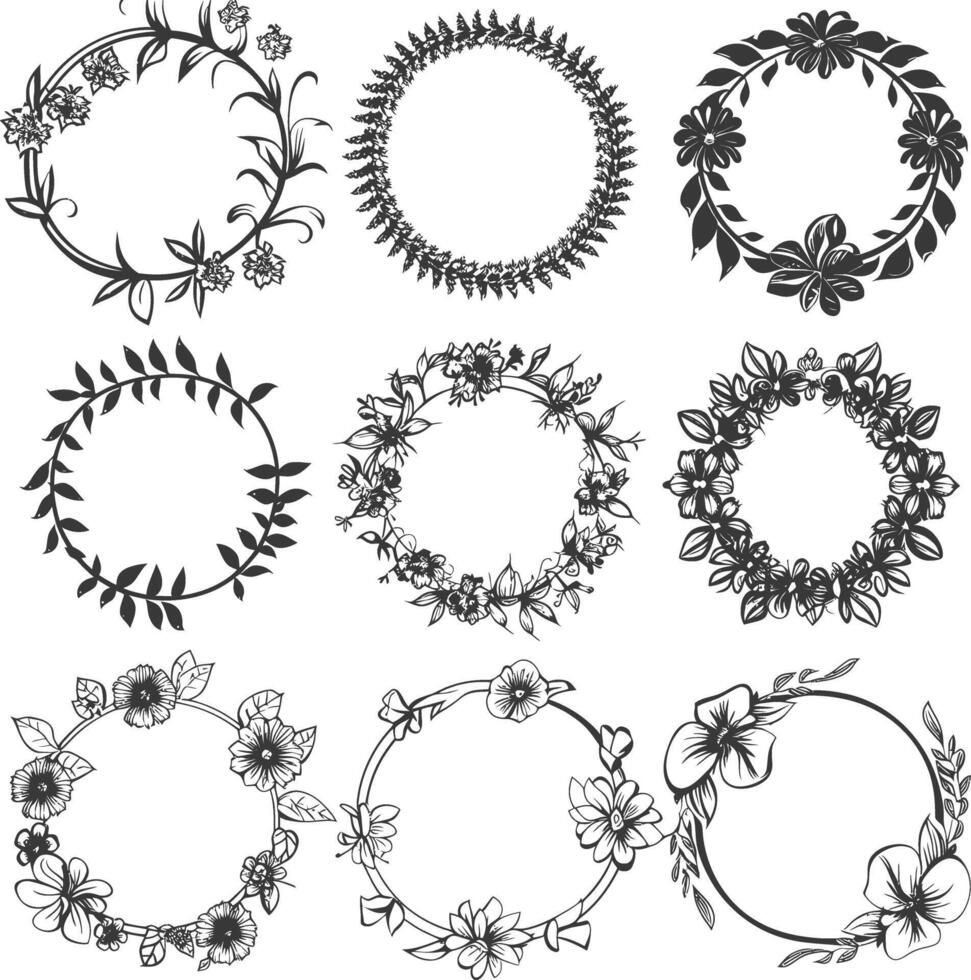 bloemen ronde lijn kaders bruiloft uitnodiging element zwart kleur enkel en alleen vector