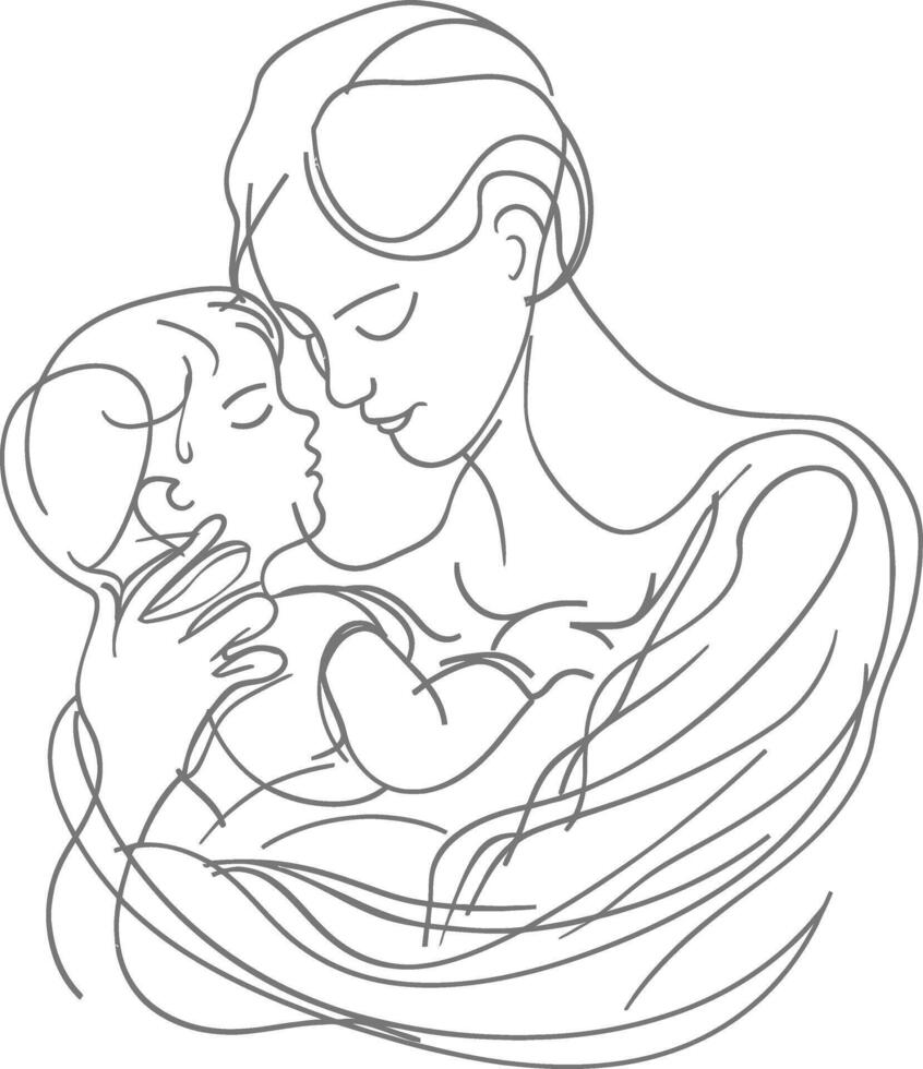 een doorlopend lijn tekening van moeder Holding baby zwart kleur enkel en alleen vector