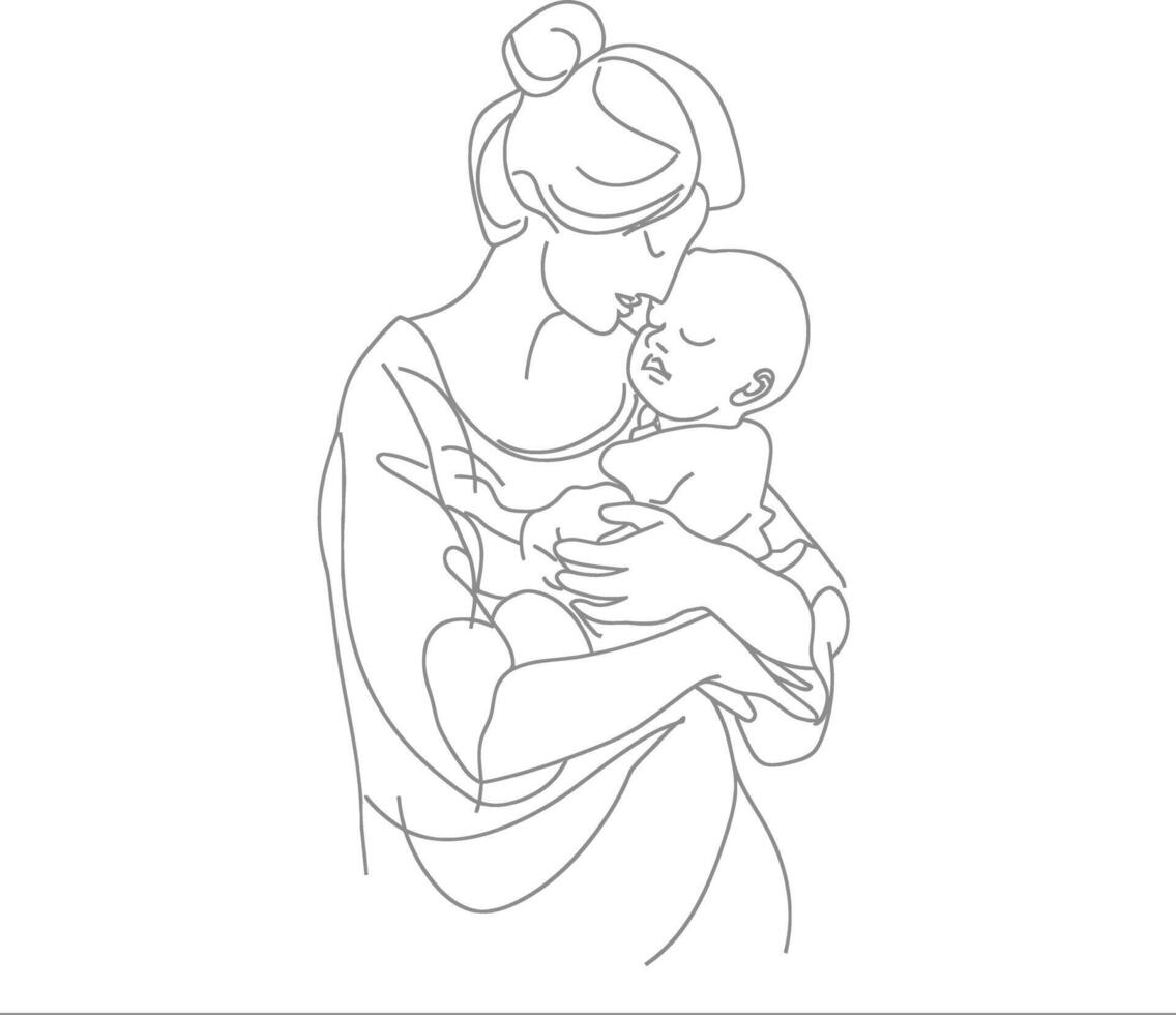 een doorlopend lijn tekening van moeder Holding baby zwart kleur enkel en alleen vector