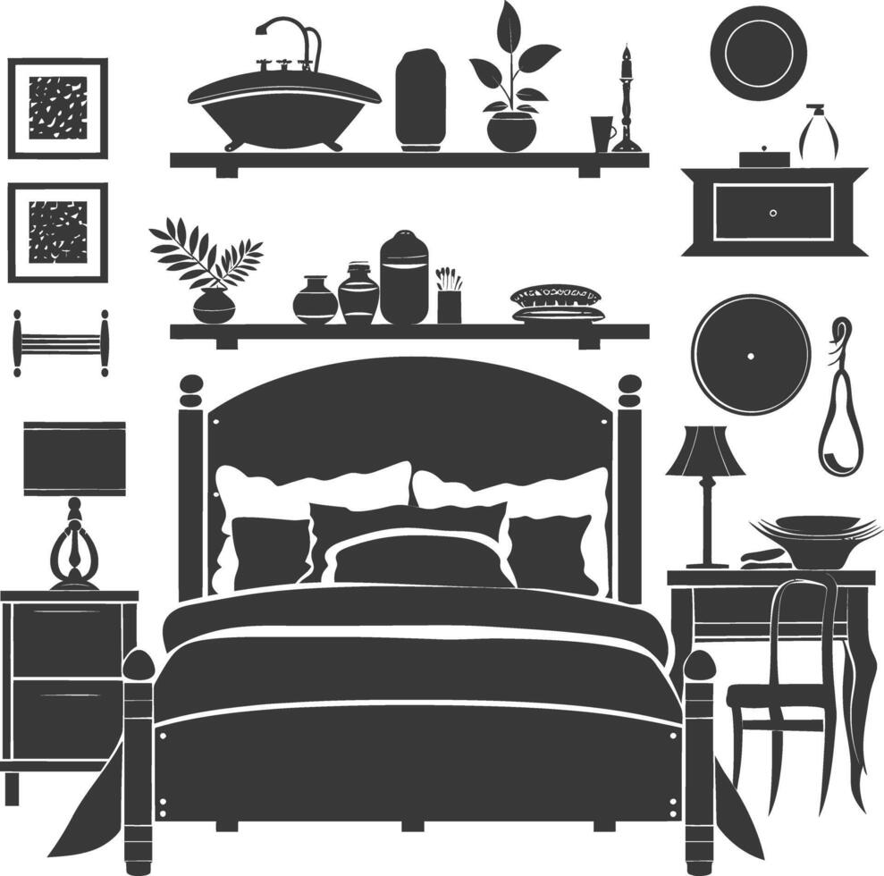 silhouet slaapkamer Bij huis uitrusting zwart kleur enkel en alleen vector