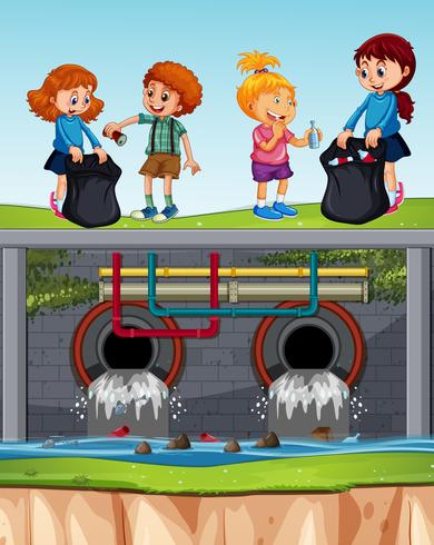 Kinderen die vrijwillig afvalrioolwater opruimen vector