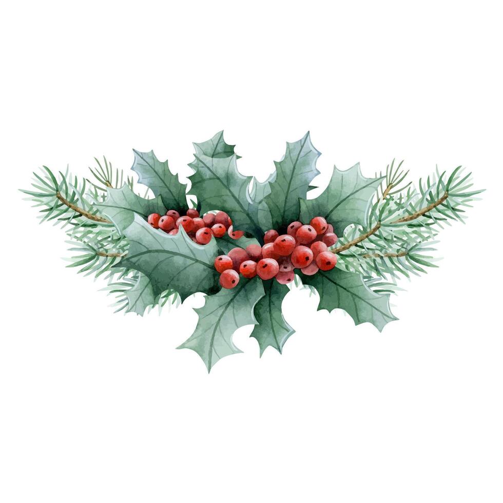 Kerstmis boom takken met hulst fabriek rood bessen waterverf illustratie. hand- getrokken winter vakantie seizoen symbool vector