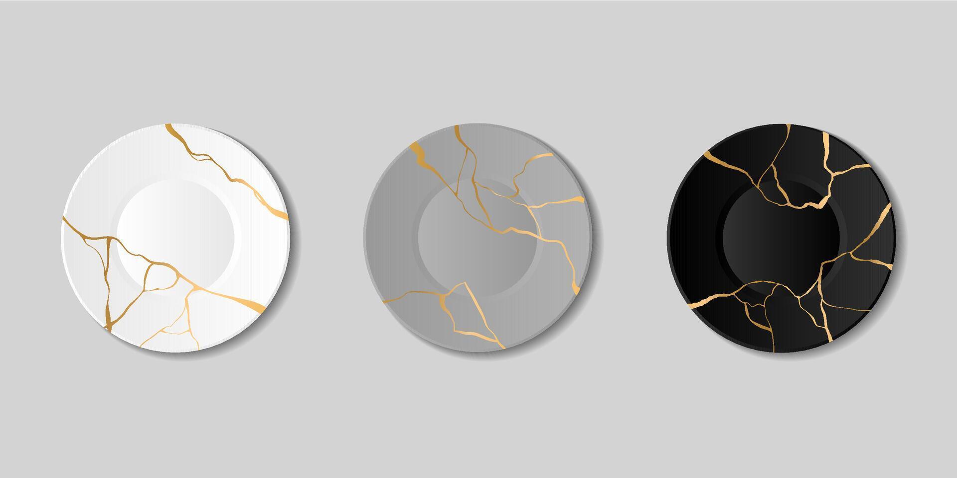 kintsugi, gebroken borden met gouden scheuren, Japans kunst van reparatie. repareren gebarsten pottenbakkerij met goud, marmeren patroon bord set. zwart, grijs en wit serviesgoed van verschillend vormen vector