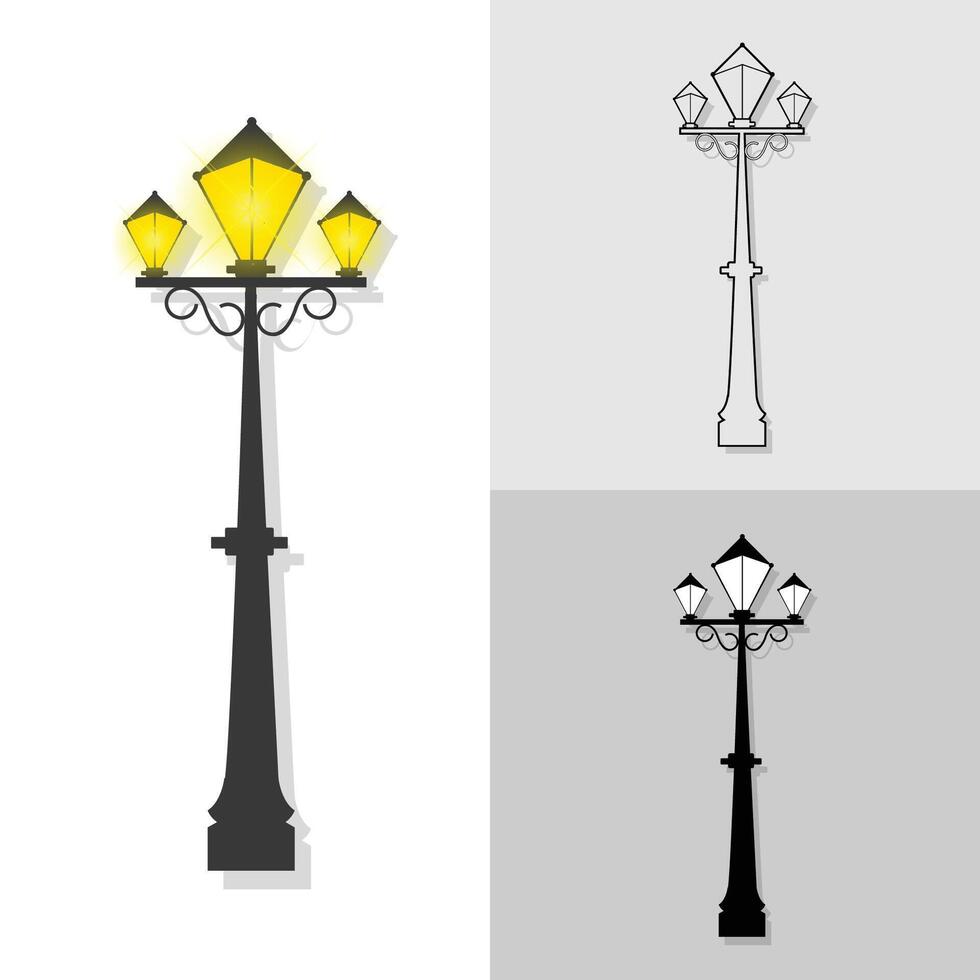 verlichting buitenshuis straat lamp tuin, stedelijk oud straat palen, voorkant straat lamp plek in vlak, lijn kunst en silhouet stijl illustratie vector