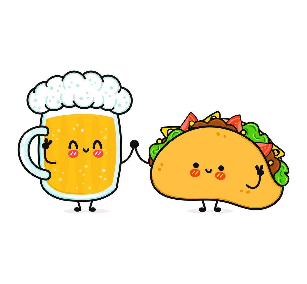 schattig, grappig gelukkig glas van bier en taco. hand- getrokken tekenfilm kawaii karakters, illustratie icoon. grappig tekenfilm glas van bier en taco mascotte vrienden concept vector