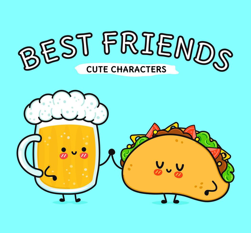 schattig, grappig gelukkig glas van bier en taco. hand- getrokken tekenfilm kawaii karakters, illustratie icoon. grappig tekenfilm glas van bier en taco mascotte vrienden concept vector