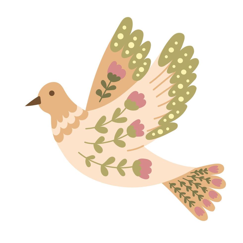 vlak fantasie vogel in wijnoogst volk bloemen stijl geïsoleerd Aan wit achtergrond. vlak botanisch illustratie in pastel kleuren en boho stijl. ideaal voor huis decor, afdrukken, decoratie vector