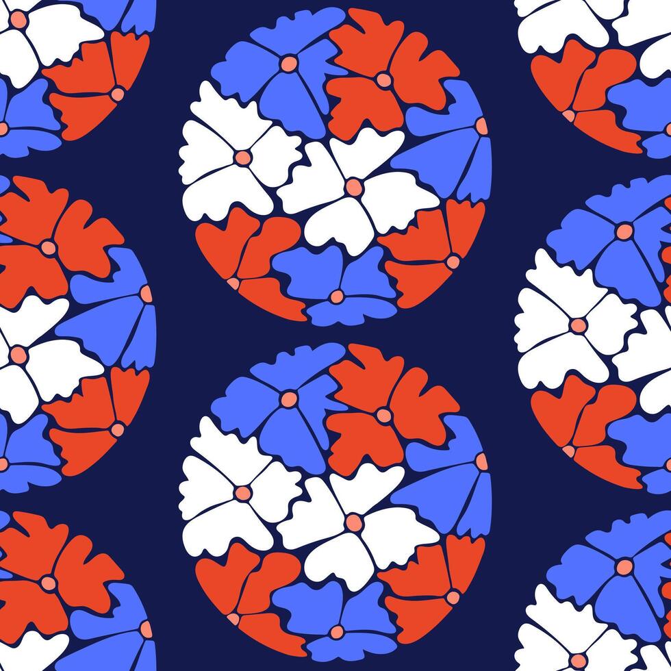 naadloos patroon met ronde bloemen abstract samenstelling Aan zwart achtergrond. vlak hand- getrokken besnoeiing uit bloeien in helder kleuren. uniek retro afdrukken ontwerp voor textiel, behang, interieur, omhulsel vector