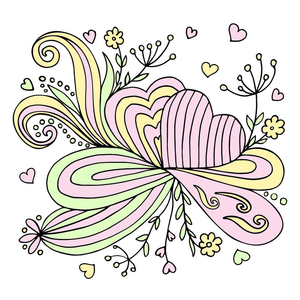 abstract harten met harten. hand- getrokken bloemen in pastel kleuren. ontwerp voor t-shirts, mokken, Tassen, enz. vector