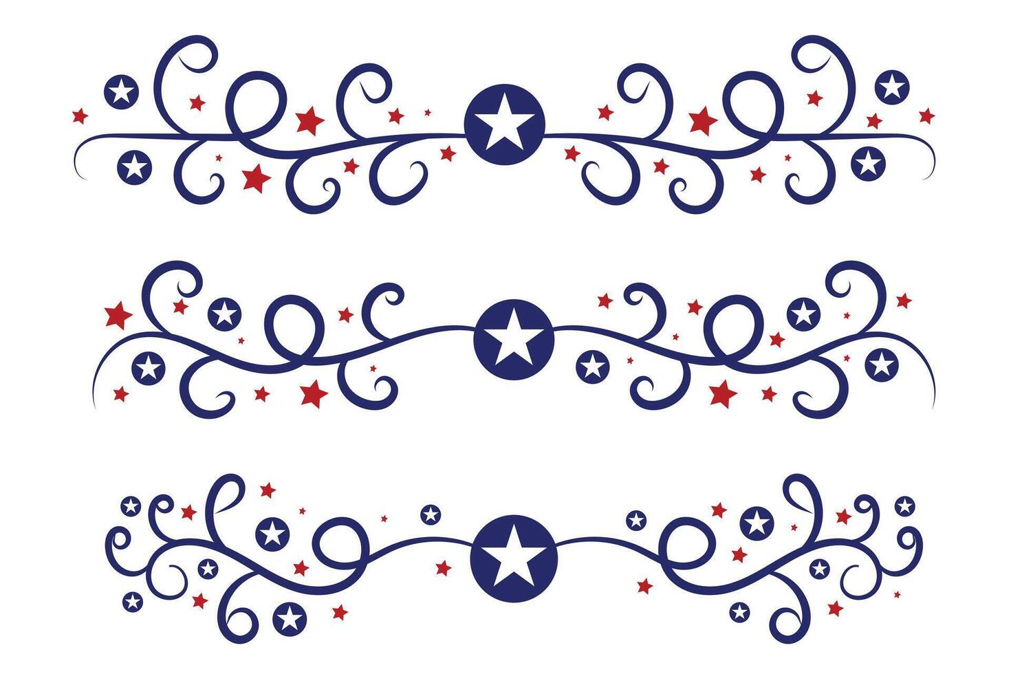 4e van juli belettering hoofd overladen wervelingen, patriottisch rood sterren, en blauw elegant luxe scheidingstekens decoratief elementen, Amerikaans onafhankelijkheid dag schoonschrift bloeit tekst verdelers vector