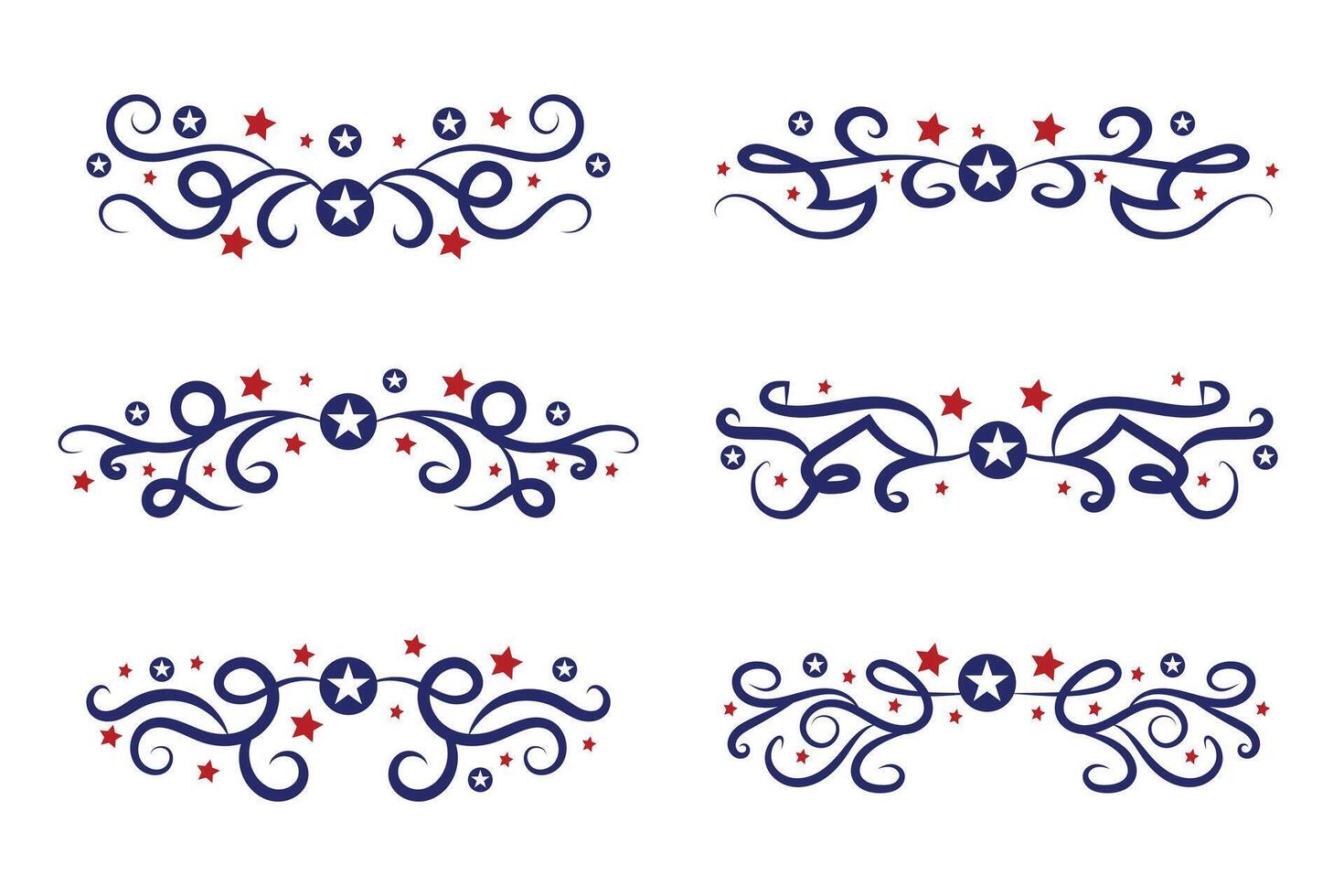 4e van juli belettering hoofd overladen wervelingen, patriottisch rood sterren, en blauw elegant luxe scheidingstekens decoratief elementen, Amerikaans onafhankelijkheid dag schoonschrift bloeit tekst verdelers vector