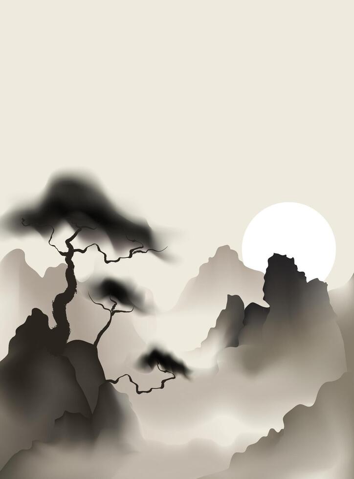 een waterverf illustratie van een Aziatisch landschap, met nevelig bergen en een sereen zonsondergang. Japans en Chinese kunst, minimalistische ontwerp perfect voor affiches, achtergronden. vector