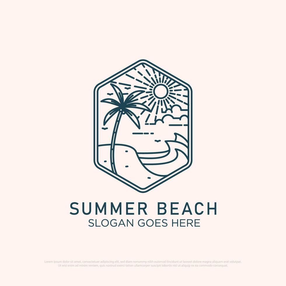 zonsondergang strand logo ontwerp met lijn kunst gemakkelijk minimalistische illustratie sjabloon vector
