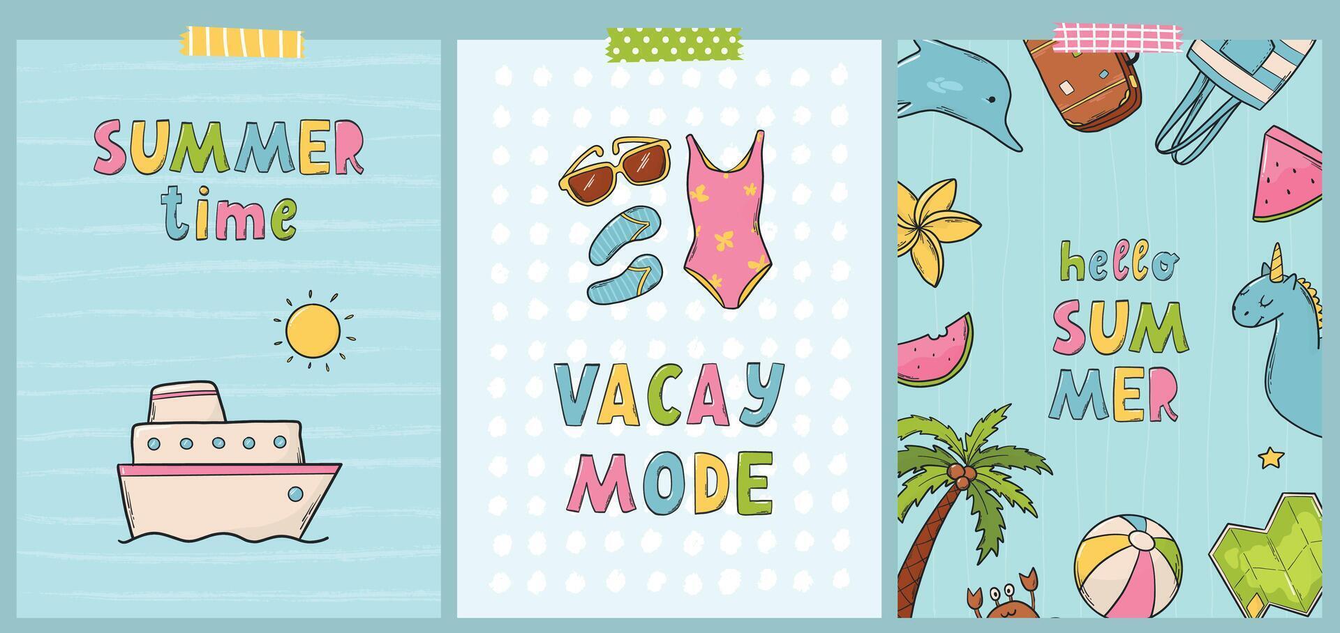 zomer kaarten, affiches, spandoeken, uitnodigingen, prints reeks versierd met krabbels, citaten. mooi zo voor kinderkamer decor, stationair, planners, enz. eps 10 vector