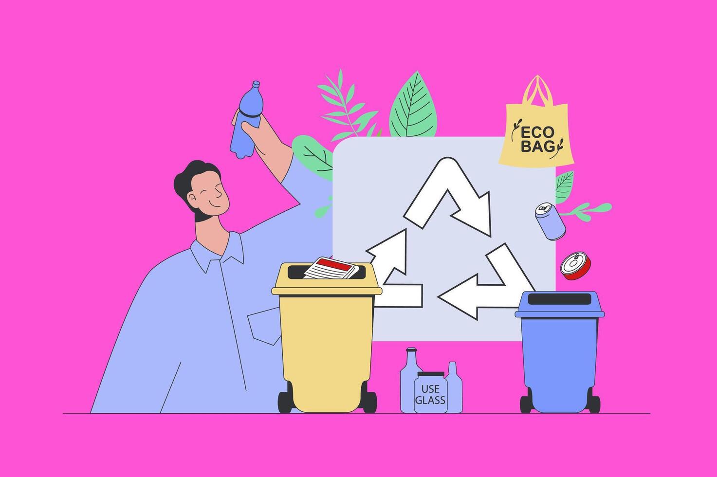 verspilling beheer concept in modern vlak ontwerp voor web. Mens verzamelen en scheiden afval, recycle afval, gebruik makend van glas en eco tas. illustratie voor sociaal media banier, afzet materiaal. vector