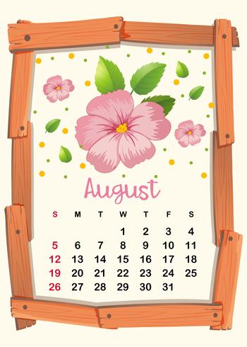 Kalendersjabloon met roze bloemen voor augustus vector