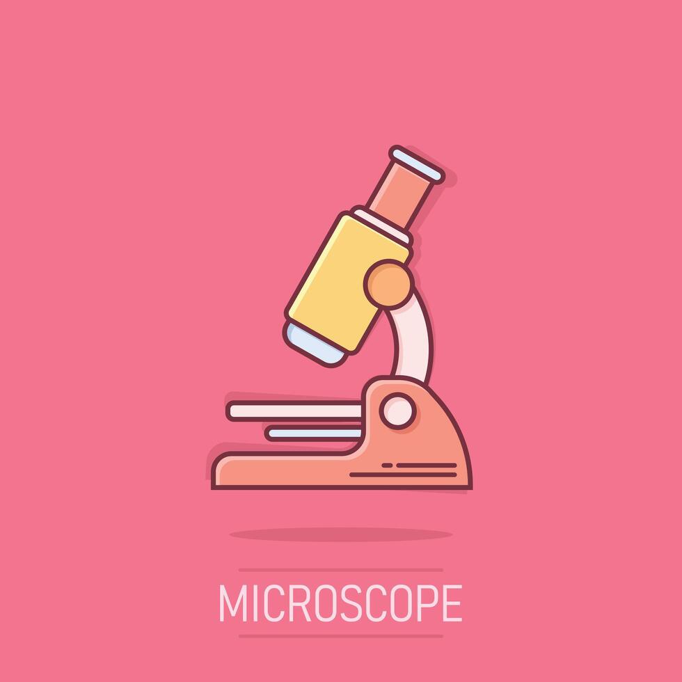 microscoop icoon in grappig stijl. laboratorium vergrootglas tekenfilm illustratie Aan geïsoleerd achtergrond. biologie instrument plons effect teken bedrijf concept. vector