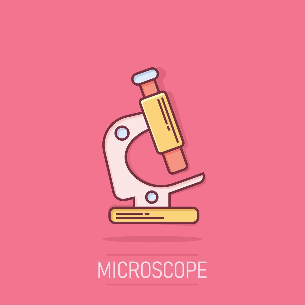 microscoop icoon in grappig stijl. laboratorium vergrootglas tekenfilm illustratie Aan geïsoleerd achtergrond. biologie instrument plons effect teken bedrijf concept. vector