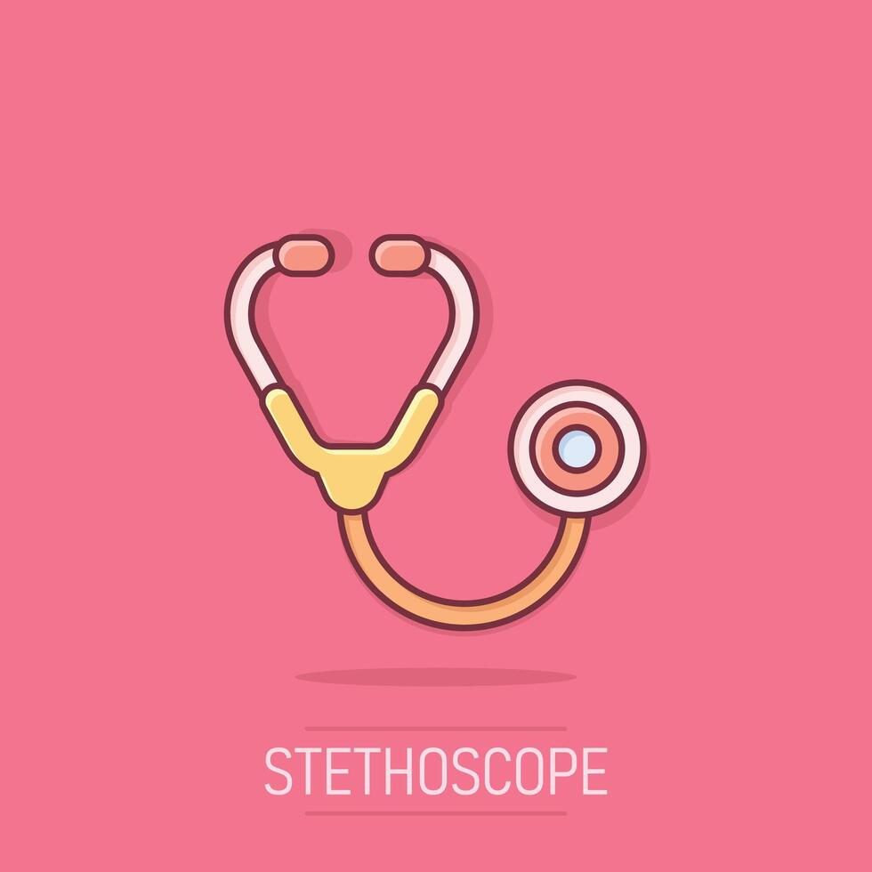 stethoscoop icoon in grappig stijl. hart diagnostisch tekenfilm illustratie Aan geïsoleerd achtergrond. geneeskunde plons effect teken bedrijf concept. vector