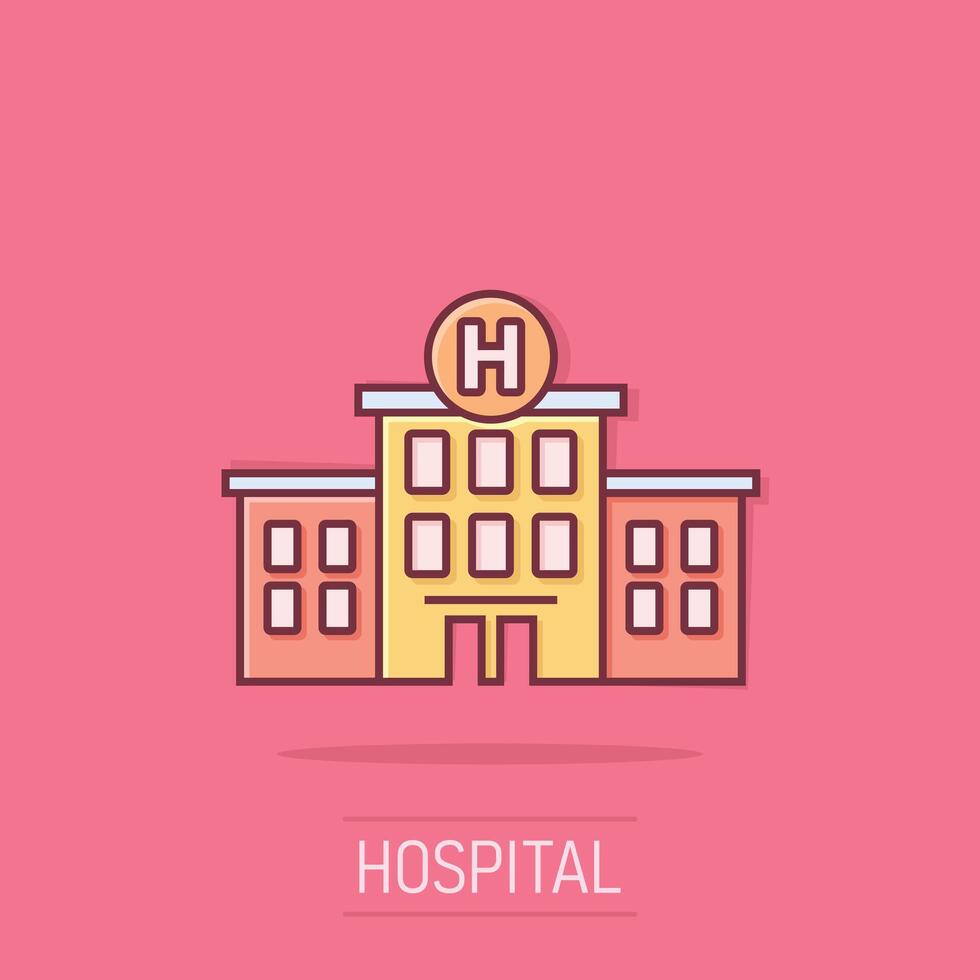 ziekenhuis gebouw icoon in grappig stijl. medisch kliniek tekenfilm illustratie Aan geïsoleerd achtergrond. geneeskunde plons effect teken bedrijf concept. vector