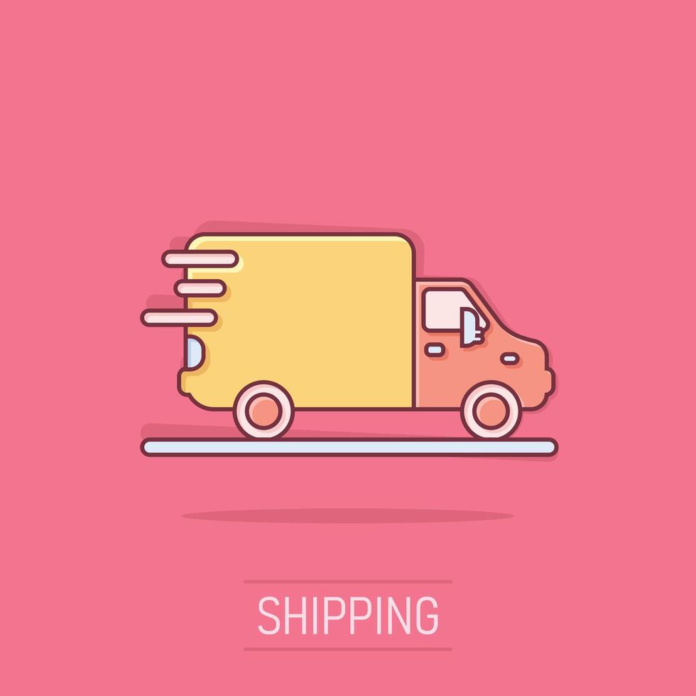 Verzending snel icoon in grappig stijl. levering vrachtauto tekenfilm illustratie Aan geïsoleerd achtergrond. uitdrukken logistiek plons effect teken bedrijf concept. vector