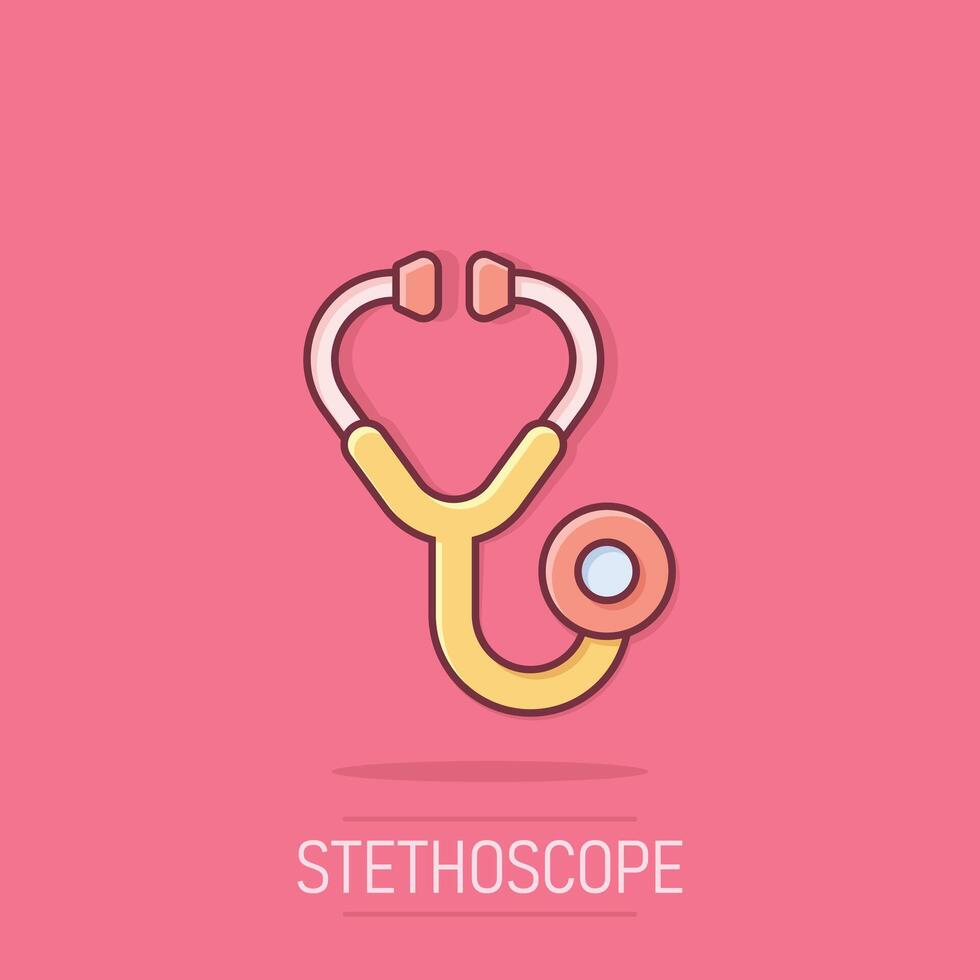 stethoscoop icoon in grappig stijl. hart diagnostisch tekenfilm illustratie Aan geïsoleerd achtergrond. geneeskunde plons effect teken bedrijf concept. vector