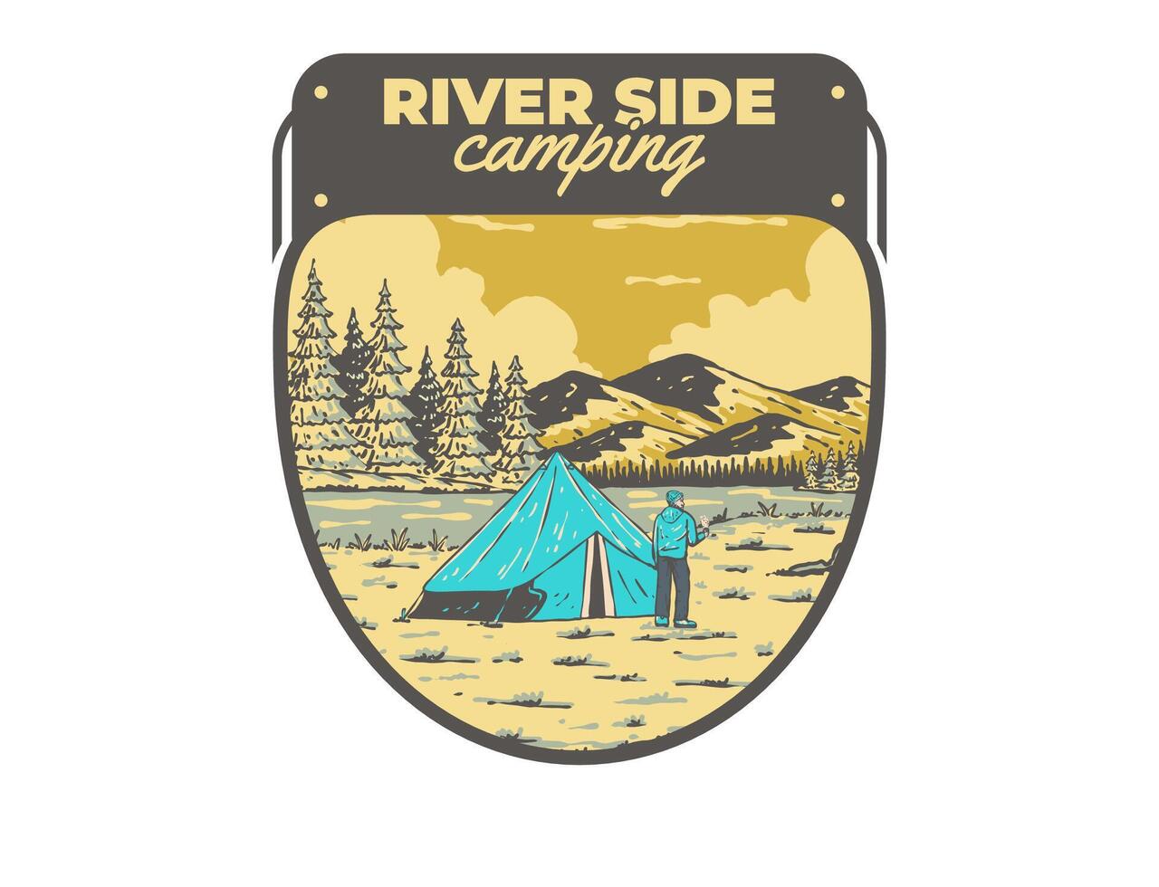 rivier- kant camping. wijnoogst buitenshuis illustratie insigne vector