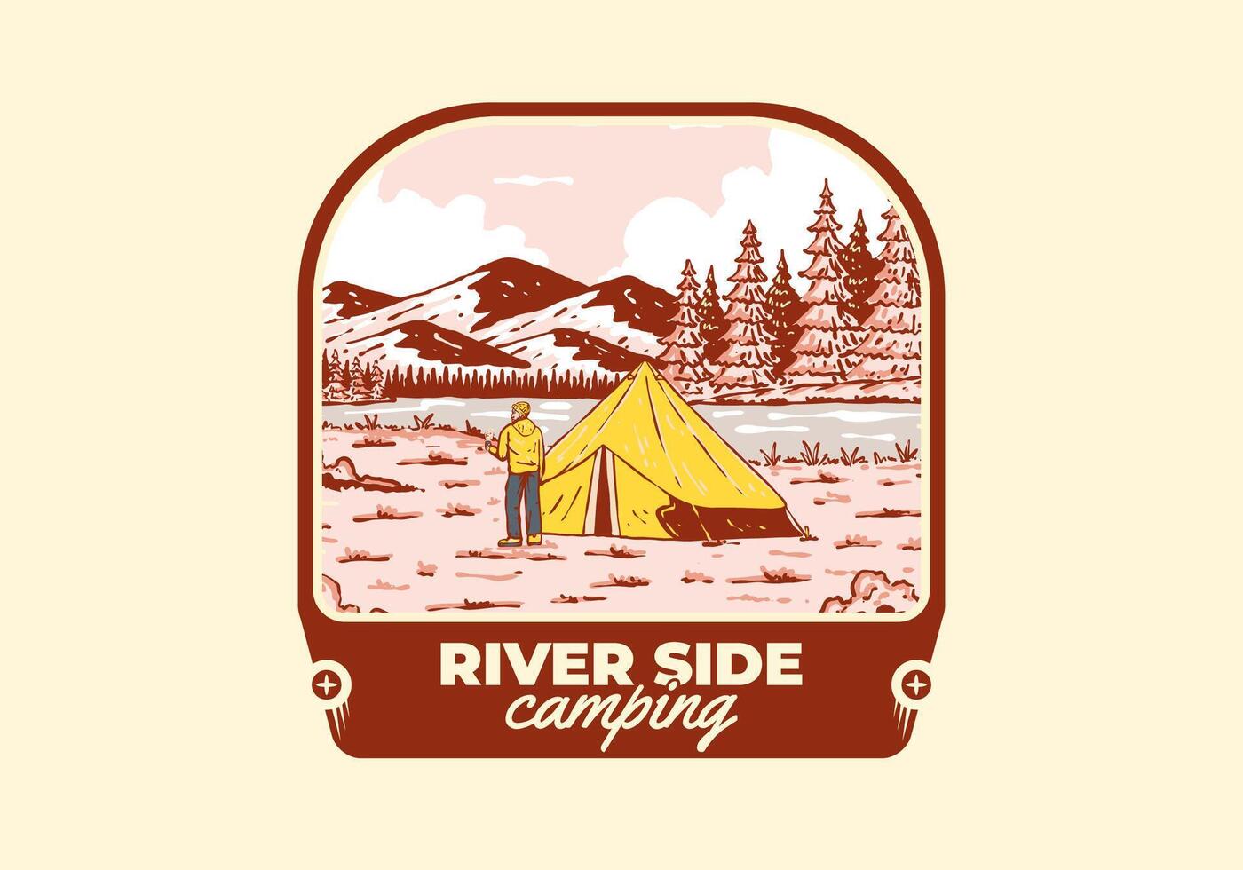 rivier- kant camping. wijnoogst buitenshuis illustratie insigne vector